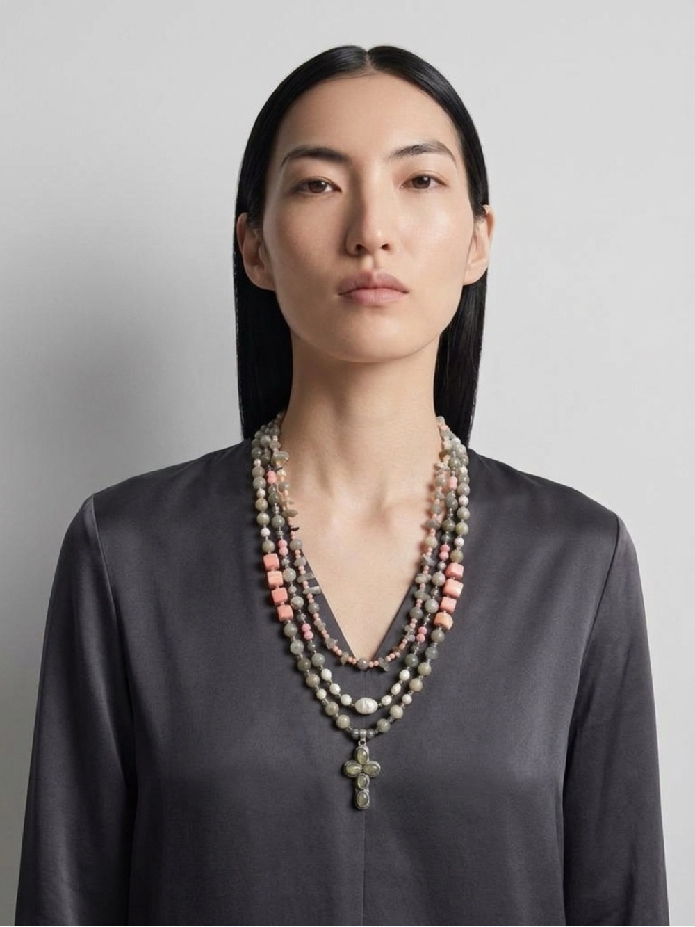 Multi-Strand Coral & Labradorite Bead Necklace with Pendant